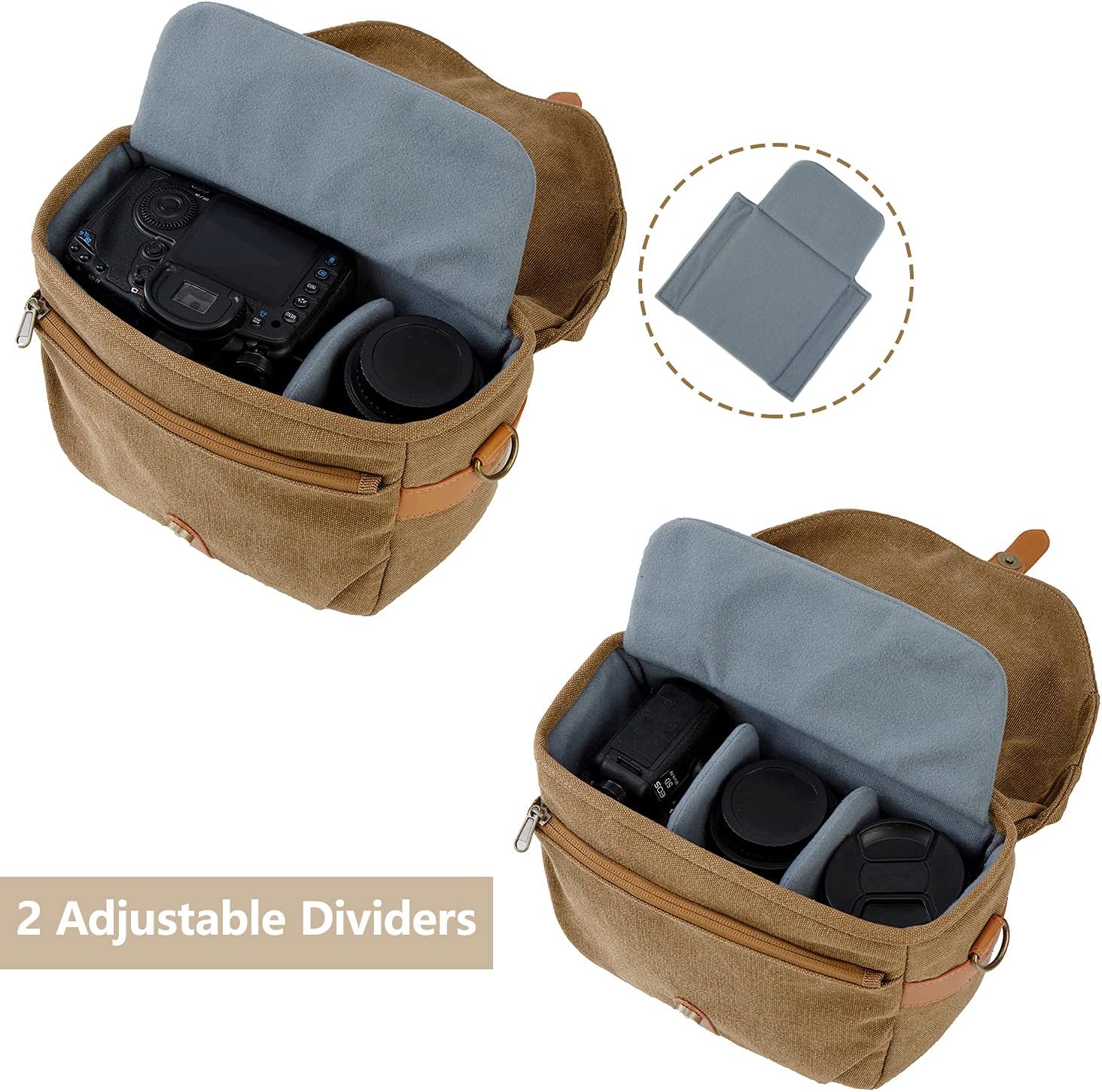 BAGSMART Camera Bag, SLR DSLR Canvas Crossbody Camera Case, Compact Camera Shoulder Bag with Rain Cover for Women and Men, Khaki - Image 2